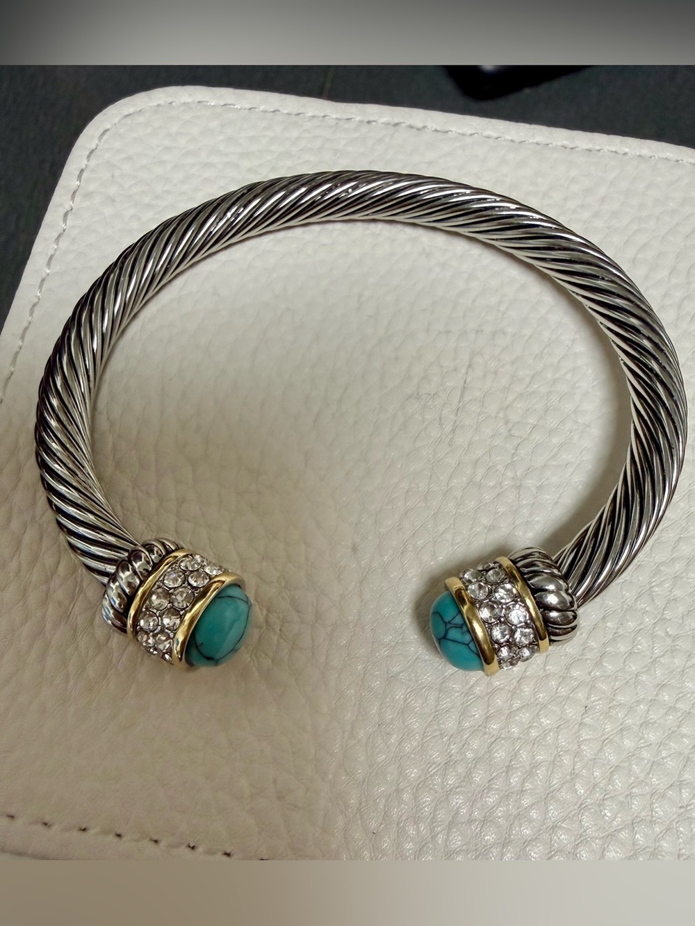 Silver-Tone Twisted Cable Cuff Bracelet with Turquoise and Crystal Endcaps